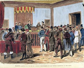 Opening of the ballot boxes of the polling places in 1871, colored engraving in 'La Ilustración E?
