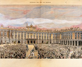 Alphonse XII, entry into the palace of Oriente in 1875, colored engraving of 'La Ilustración Espa?