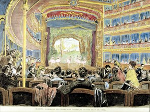 Inauguration of the Comedy Theatre in 1875, colored engraving 'La Ilustración Española y Americana'.