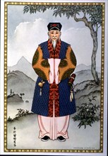 Image of a Chinese doctor of the early dynasties, carrying instruments to practice acupuncture.