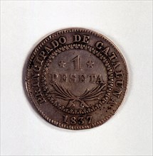Head of a one-peseta coin in silver, reign of Elizabeth II, 1837. Catalonia.