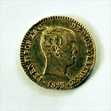 Head of a eighty-reales doubloon in gold, reign of Ferdinand VII. Mint: Barcelona, 1823.