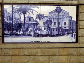 Tile panel representing the old train 'the Panderola' that crossed the city of Castellón until 19?