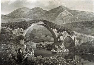 Bridge in Cangas de Onis on the River Sella and the hermitage of Santa Cruz, lithograph of the wo?