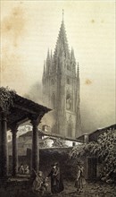 Tower of the Cathedral of Oviedo, lithograph of the work 'Memories and beauties of Spain'.