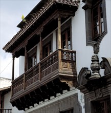 Detail of a typical balcony made in Tea pine wood in the city of Teror, Grand Canary.