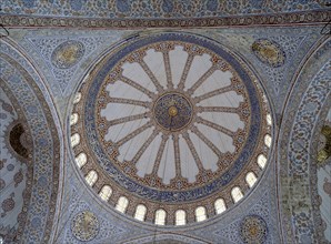 Interior view of the dome of the Blue Mosque in Istanbul.
