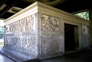 Exterior view of Ara Pacis Augustae in Rome.