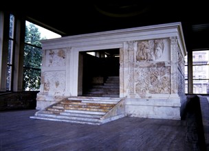 Exterior view of the Ara Pacis Augustae in Rome.