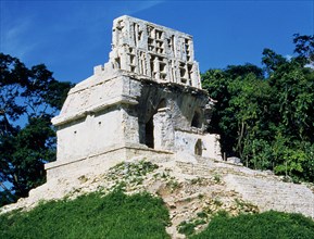 Exterior view of the Temple of the Cross in the Mayan ruins of Palenque.
