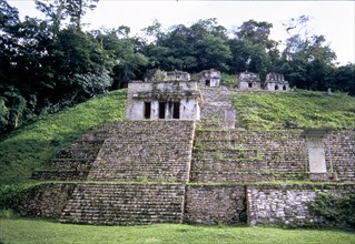 View of a pyramid at the Mayan ruins of Bonampak.