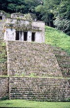 Detail of the staircase and top wall of the pyramid of the Mayan ruins of Bonampak.