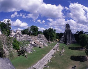 Overview of the Mayan ruins with the Great Plaza and Temple I.
