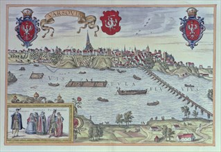 View of the city of Warsaw along the Vistula River, engraving in 'Alte Europäische Städtebilder'.