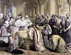 Baptism of the Moorish of Granada in 1500, copy of the painting of Edwin Long. Colored engraving ?