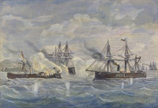 Peru - Bolivia - Chile War, 1879, naval battle between the Peruvian ship 'Huascar' against the Ch?