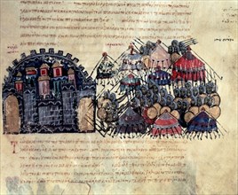 Byzantine besieging Messina, miniature in 'Scylitzes Matritensis', (facsimile edition of the orig?