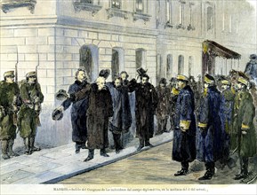 Coup d'état 1874, exit of diplomatic corps from Congress,' engraving from 'Ilustración española y?