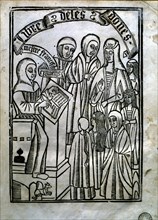 Cover of 'Llibre de les dones' (Book of the women) where the Franciscan Eiximenis is depicted wri?