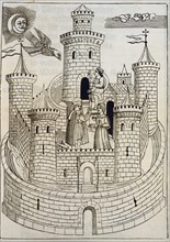 View of a castle, engraving in 'Coplas de Mallorca' (Songs of Majorca), 1398.