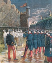 Execution by firing squad in the moats of the Castle of Montjuic, six anarchists participants in ?