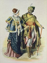 Costumes worn by the Polish nobility in the 17th century, drawing, 1885.