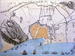 Map of the city of Barcelona during the siege of Philip V in 1714.