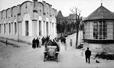 A car in the Promenade of Castellterçol village (Barcelona) in the early 20th century, photograph?