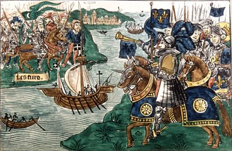 King Louis IX in the Crusades attacking the Moors in Carthage (1270), drawing.