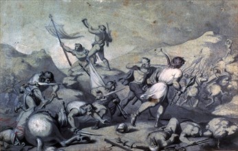 Battle of almogavars, drawing by Mariano Fortuny.