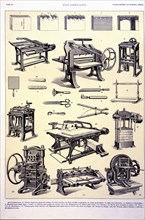 Different machines and instruments used in the early 20th century for book binding, drawing in th?