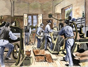 Inside the shoe factory of Mr. Soldevila, soles cutting department, in 1874, colored engraving in?