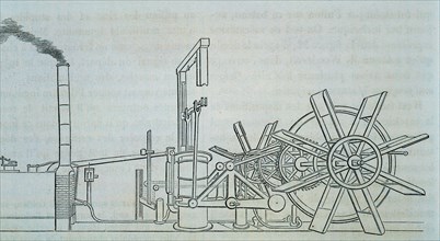 Plan and perspective of the steam engine and wheels tree of the Clermont ship, built by Robert Fu?