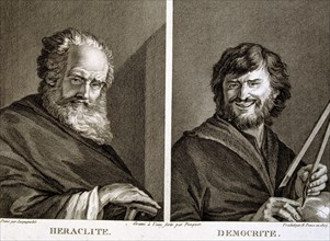 Engraving with Heraclitus 535-484 BC. and Democritus 460-370 BC., Greek philosophers.