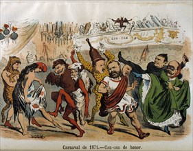 Reign of Amadeo of Savoy, cartoon of the carnival with politicians, the Kaiser, Napoleon III, Riv?