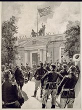 Surrender of Santiago de Chile, the American flag is raised on the governor's palace before Gener?