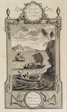 Boats on the Malabar coast, engraving in the work 'Voyages and Travels' by John Hamilton Moore.