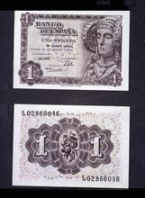A one-peseta note, 1948, with the effigy of the Lady of Elche.