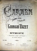 Cover of the score of the opera 'Carmen' by Giorgio Bizet, Italian edition from 1920.