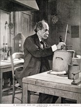 Marcelin Berthelot (1827-1907), French chemist and historian in his lab in 1901, engraving in L'I?
