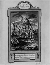 Bougainville raising the flag of France on a rock in the Strait of Magellan, engraving in the wor?