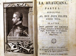 Cover of the book 'La Araucana', 1776 edition with engraving of the bust of the author.