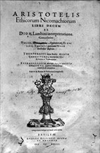 Cover of the work 'Ethicorum Nicomachiorum' by Aristotle, edition of 1582.