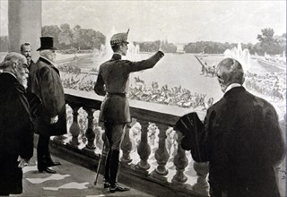 King Alfonso XIII of Spain (1886-1941) acclaimed in the gardens of Versailles, Paris (1905), engr?