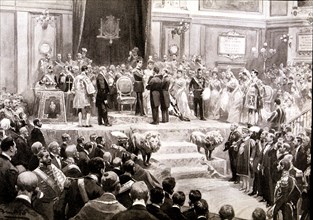 Oath of the Constitution in the Courts in 1902 by King Alfonso XIII of Spain (1886-1941) with his?
