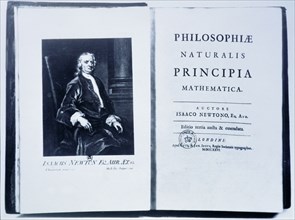 Portrait of Isaac Newton in an edition of his book 'Mathematical Principles of Natural Philosophy?