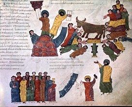 Adoration of the Golden Calf, miniature in a Mozarabic bible from 10th century.