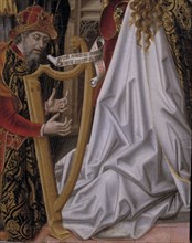 Detail of a musician playing the harp, from the painting 'Coronation of the Virgin' by Fernando G?
