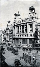 Electric trams running through the Alcala street in Madrid, 1910.