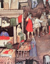 Merchants of fabrics and textiles in a market, Miniature in the 'Statuto delle Corporazione dei M?